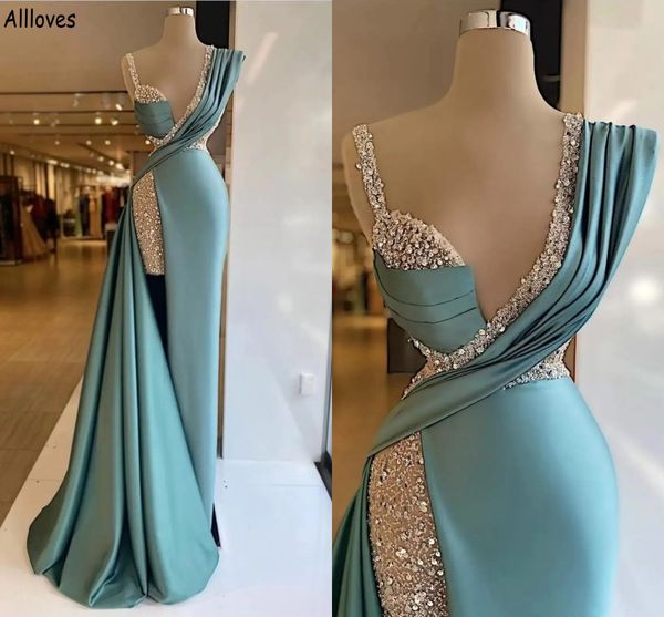 Braves uniques à paillettes brillantes robes de bal élégantes gaine en satin plissée robes de fête formelles cuisses divisées sexy deuxième réception robe de soirée vestidos cl2061