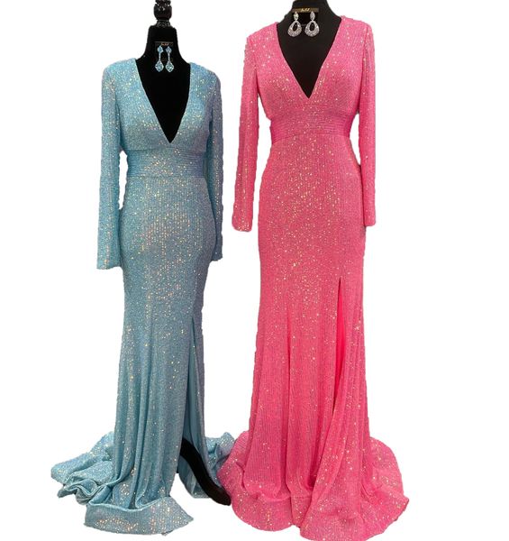 Robe de bal à paillettes scintillantes 2k23, manches longues, ajustée, col en V plongeant, fente haute, bleu ciel clair, rose vif, robe de concours, tenue de soirée, gala, cravate noire, dos ouvert