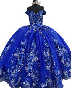 Sparkle Sequins Quinceanera Dress 2023 Charro Mexican Prom Sweet 15/16 Girl Party Wear Robe robe de 15 ans 3D Fleurs Floral Lace Applique Corset Royal Blue Pink