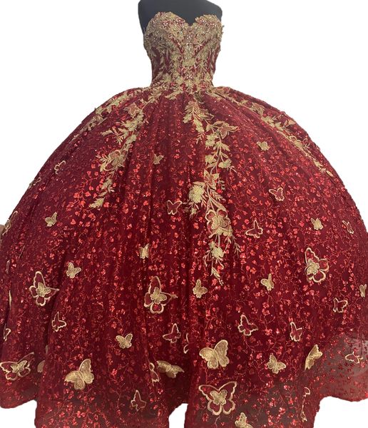 Robe de Quinceanera à paillettes scintillantes, 2023, Charro, bal mexicain, coing doux, robe de fête d'anniversaire pour fille, 15 ans, papillon 3D, dentelle florale, appliques, Corset rouge, 2023