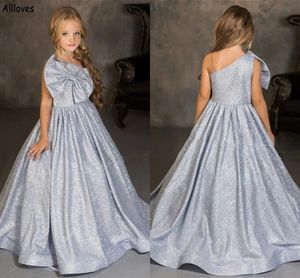 Sparkle Silver Legined Flower Girls Jurken Big Bow One Schouder Long Train Little Girl's Pageant feestjurken Todder Kids First Communion Christmas Dress CL2052