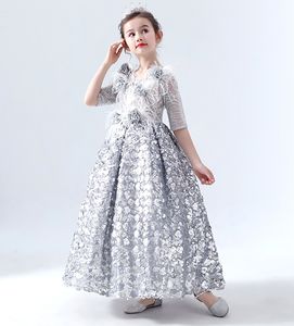 Sparkle Silver Paillettes Bijou Demi Manches Plumes Robe De Fille De Fleur Robes De Concours De Fille Robes De Fête / Anniversaire Jupe De Fille Personnalisée SZ 2-12 D319032