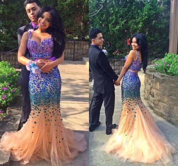 Sparkle Two Piece Prom Dress Mermaid 2018 Sweetheart Rhinestone Vestidos de noche Desnudo Tulle Party Long Luxury African Black Girls árabe