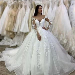 Étincelle Blanc Robe De Bal Princesse Robes De Mariée Pour La Mariée 2022 Sheer Manches Longues Appliques Dentelle Plus La Taille Tulle Graden Robes De Mariée Robe De Novia