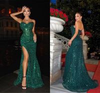 Sparkley Green Sequins Split Night Robes Sexy Backless Sweetheart Robes de bal pour femmes Vestidos Occasion formelle BC14979