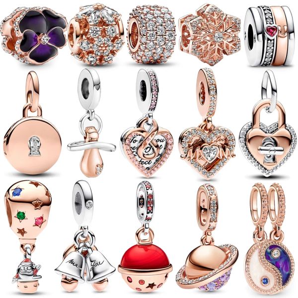 Plata de Ley 925 brillante, globo de oro rosa, campanas, candado, corazón, chupete de bebé, concha de mar, abalorio de perla compatible con pulsera Pan