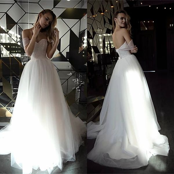 Robes De Mariée A-ligne Étincelantes Chérie Sans Manches Tulle Robe De Mariée Paillettes Paillettes Balayage Train Dos Nu Robes De Mari￩e Sur Mesure