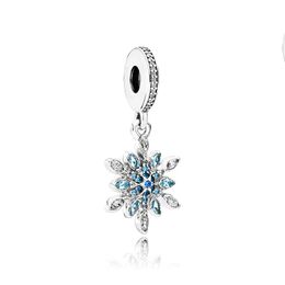 Breloque flocon de neige bleu étincelant en argent sterling 925 pour bijoux Pandora femme serpent chaîne bracelet collier fabrication accessoires ensemble de breloques avec boîte d'origine