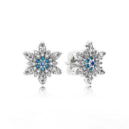 Boucles d'oreilles à tige en forme de flocon de neige bleu étincelant pour Pandora authentique en argent sterling pour femmes et filles, bijoux de mariage, ensemble de boucles d'oreilles de créateur en diamant CZ avec boîte d'origine