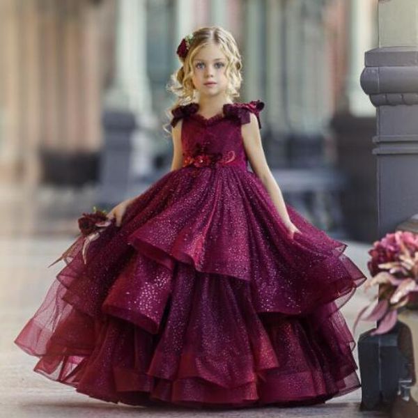 Vestidos de niña de flores de color borgoña espumoso para la boda Lentejuelas de encaje Granos Apliques florales en 3D Vestidos de fiesta para niñas pequeñas Vestidos de princesa