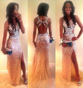 Sparkling Crystal Split Mermaid Prom jurk Vneck -pailletten kralen Backless TuLle Sweep Trian Party Jurken Nieuwste prachtige sexy seksu9359021