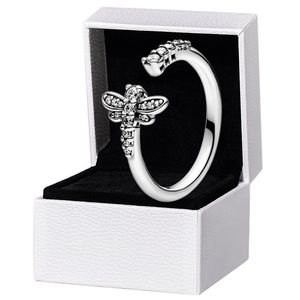 Bague ouverte libellule scintillante authentique en argent sterling 925 femmes filles bijoux de créateur de mariage pour bagues en diamant pandora CZ avec coffret d'origine