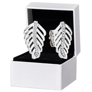 Sparkling Feather Stud Earring 925 Sterling Silver para Pandora CZ Diamond Wedding Party Jewelry para mujer Novia regalo diseñador Pendientes con caja original