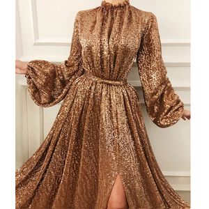 Mousseux or paillettes robes de soirée Sexy col haut fendu robe de bal brillant manches longues étage longueur femmes robe