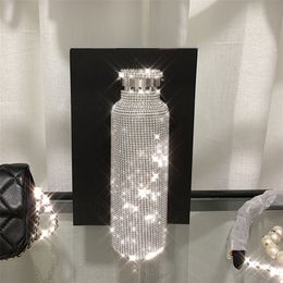 Bouteille isolée haut de gamme scintillante Bling strass bouteille thermique en acier inoxydable diamant thermo argent bouteille d'eau avec couvercle 201221