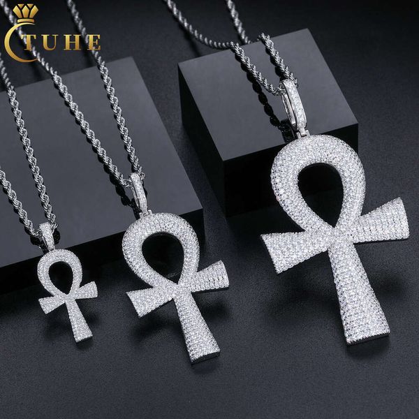 Bijoux Hip Hop scintillants en argent Sterling 925, 3 tailles, Micro pavé Vvs Moissanite diamant glacé, pendentif croix Ankh