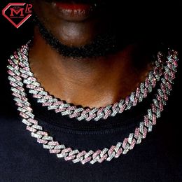 Sprankelende hiphop Cubaanse schakelketting roze blauwe steen kleurrijk 925 zilver 15 mm Vvs Moissanite Cubaanse schakelketting