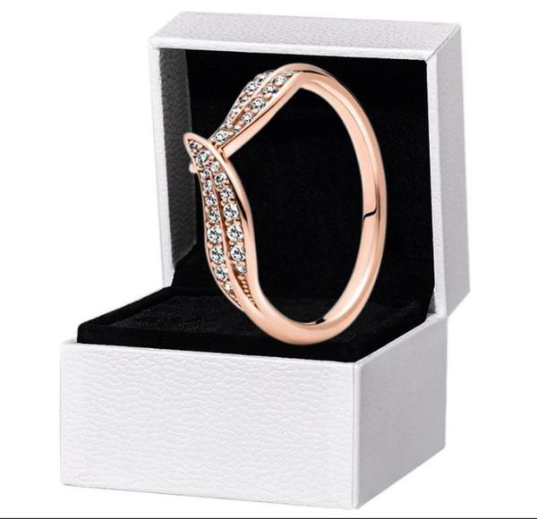 Anillo de hojas brillantes para mujer, joyería de boda de oro rosa para diamantes CZ, anillos de amante de plata 925 con caja de regalo Original Set6856197