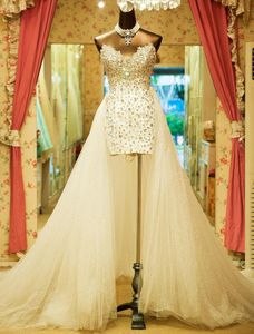 Étincelant luxe détachable train robes de mariée chérie strass cristaux arc paillettes tulle chaud robes de mariée sur mesure DH4142
