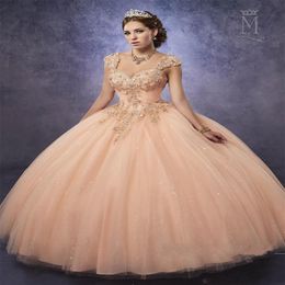 Sprankelende Mary's Peach Quinceanera Jurken met Afneembare Bandjes Taille Tule Sweet 16 Jurk Lace Up Back Prom Gowns178x