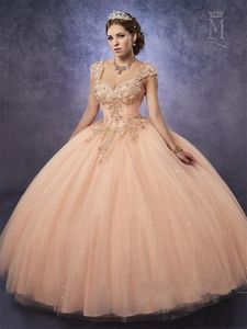 Sprankelende Mary's Peach Quinceanera jurken met riemen taille tule Sweet 16 jurk veter-up prom jassen