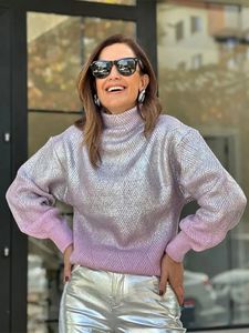 Pull en tricot de couleur dégradé de métal étincelant femmes mode col haut manches longues hauts pull élégant femme Streetwear 240104