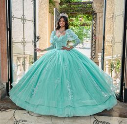 Sparkling Mint Green Princess Quinceanera Dresses 2024 Sweetheart lange mouw zoete 15 prom jurk kant appliques prinses brithdday feestjurk