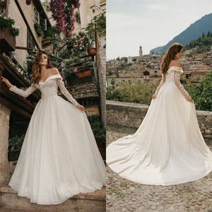 Sprankelende Mistrelli trouwjurk sexy off-shoulder volledige geappliceerde kant pailletten kralen bruidsjurk sweep trein boho vestidos de novia