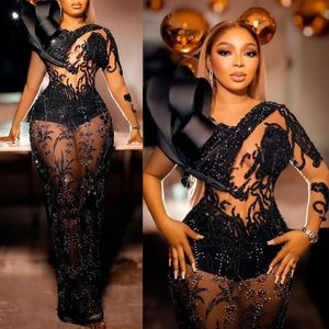 Aso Ebi – robe de bal noire scintillante, asymétrique épaule dénudée, manches longues, transparente, sexy, sirène, soirée, anniversaire, robes de fille noire, robes formelles de style arabe africain