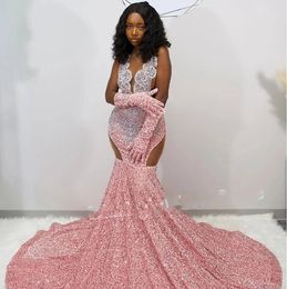 Sparkling Peach Pink Long Robe de bal 2024 pour les filles noires Sequins diamante sexy Voir à travers les robes de fête d'anniversaire vestidos