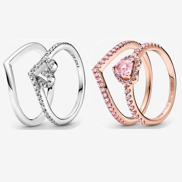 Sparkling Pink Heart Wishbone Wedding Ring Set DIY fit Pandora style Femmes bijoux de noël