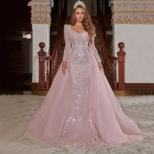 Vestidos de Baile Sereia Rosa Brilhante Sexy Mangas Compridas Bateau Brilhante Lantejoulas Apliques Renda Destacável Trem Vestidos de Noite Plus Size Vestidos de Festa Formais Feitos sob Medida