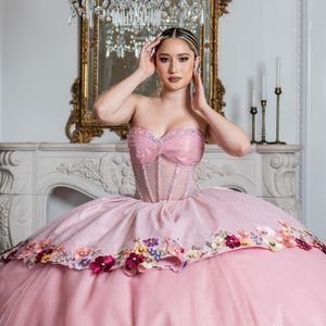 Robe de Quinceanera rose scintillante chérie 2024 sur l'épaule perles cristal applique fête douce 16 robe de bal robe de bal de remise des diplômes