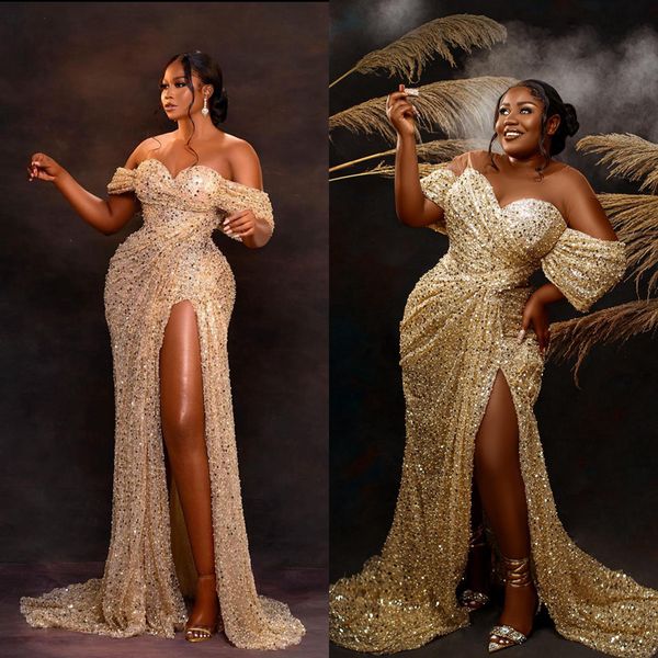 Mousseux Plus Or Taille Aso Ebi Robes De Bal Sheer Cou Paillettes Dentelle Sirène Soirée Robe Formelle Pour Africain Aarbic Noir Femmes Robes De Fête D'anniversaire NL