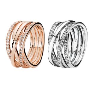 Sparkling gepolijste lijnen Ring 925 Sterling Silver Couple's Wedding Jewelry Set voor Pandora Rose Gold Engagement Gift Rings met originele doos voor vrouwen