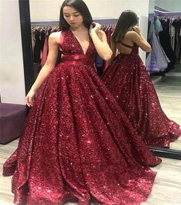 Sprankelende rode pailletten Long prom -jurken vloerlengte sexy diep v nek mouwloos op maat gemaakte speciale gelegenheid jurken1244452