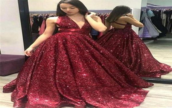 Vestidos de fiesta largos con lentejuelas rojas brillantes, hasta el suelo, sexy, con cuello en V profundo, sin mangas, vestidos para ocasiones especiales hechos a medida 8261685