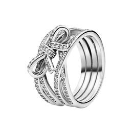 Ensemble de bijoux de cadeau de mariage en argent sterling 925 avec ruban étincelant et arc pour bagues de fiançailles en diamant pandora CZ avec boîte d'origine