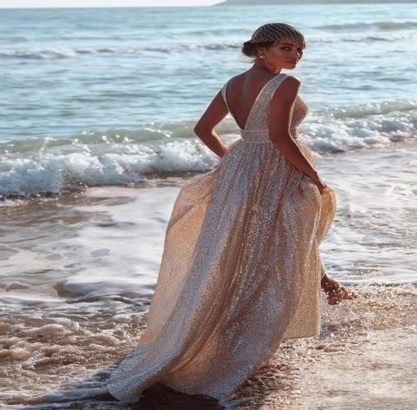 Robes de mariée de plage à paillettes en or rose étincelante sexy