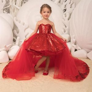 Vestidos de desfile de niña cortos hinchados con lentejuelas brillantes con lazo de tul tren desmontable vestido de niña de flores cuello transparente Pri277b