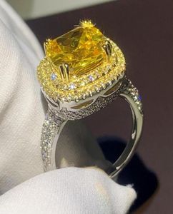 Étincelant brillant bijoux de luxe 925 en argent sterling coussin jaune 5A zircon cubique pavé CZ fête femmes bague de mariage Y11285224404