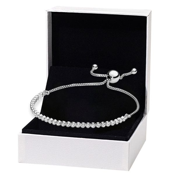 Pulsera de tenis deslizante brillante con caja original para pulseras de joyería de boda con diamantes de circonita cúbica y cadena de mano de plata de ley 100% para mujeres y niñas