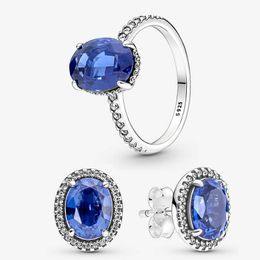 Sprankelende verklaring Halo Ring Stud -oorbellen ingesteld voor Pandora Real 925 Sterling Silver Designer sieraden voor vrouwen blauwe kristallen diamantringen oorring met originele doos