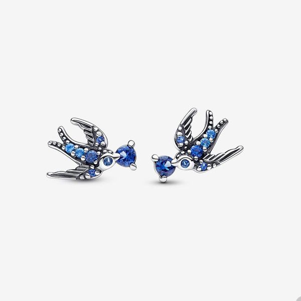 Sparkling Swallow Stud Pendientes para Pandora Auténtico diseñador de joyería de plata esterlina Pendiente para mujer Blue Crystal Diamond Pendiente lindo con caja original