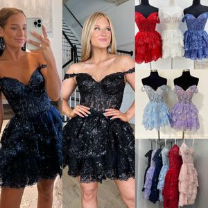 Sprankelende Tule Homecoming-jurk 2k24 Kort korset met ruches Off-shoulder optocht Formele avond Cocktail Evenement Feest Runway Black-Tie Gala Huwelijksgast Hoco-jurk