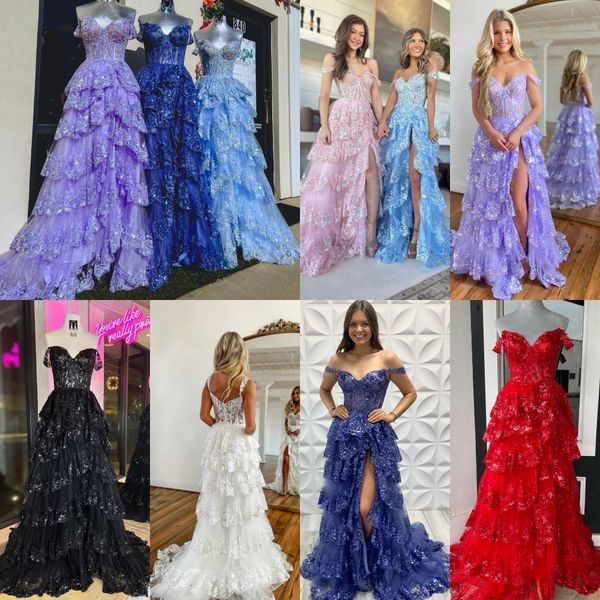 Robe de bal en tulle scintillant 2k23 à volants jupe fendue haute corset épaule dénudée Pageant soirée formelle événement fête piste noire-cravate gala mariage invité robe Hoco tapis rouge