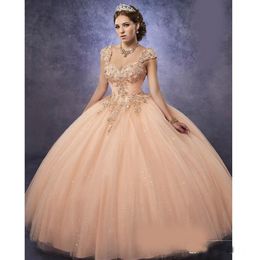 Sparkling Tule Quinceanera -jurken 2018 Afneembare riemen en Baskische taille Peach Sweet 16 Dress Lace Up Back Pageant Party Jurken 2474