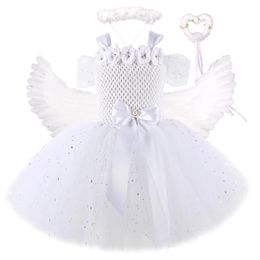 Sparkling witte engel kostuums voor meisjes kerst Halloween -jurk voor kinderen bloemenfee tutu outfit met vleugels set meisje kleding 240429