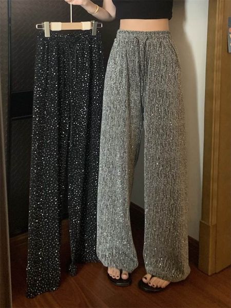 Pantalones de pierna ancha brillantes para mujer en la primavera de 2024, pantalones casuales de plata nueva con diamantes calientes, pantalones drapeados de pierna recta sueltos y versátiles