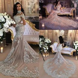 Sparkly 2022 Mermaid Wedding Jurk Sexy Sheer Bling Beads Lace Applique High Neck Illusion Lange Mouw Champagne Trumpet Bridal Jurns